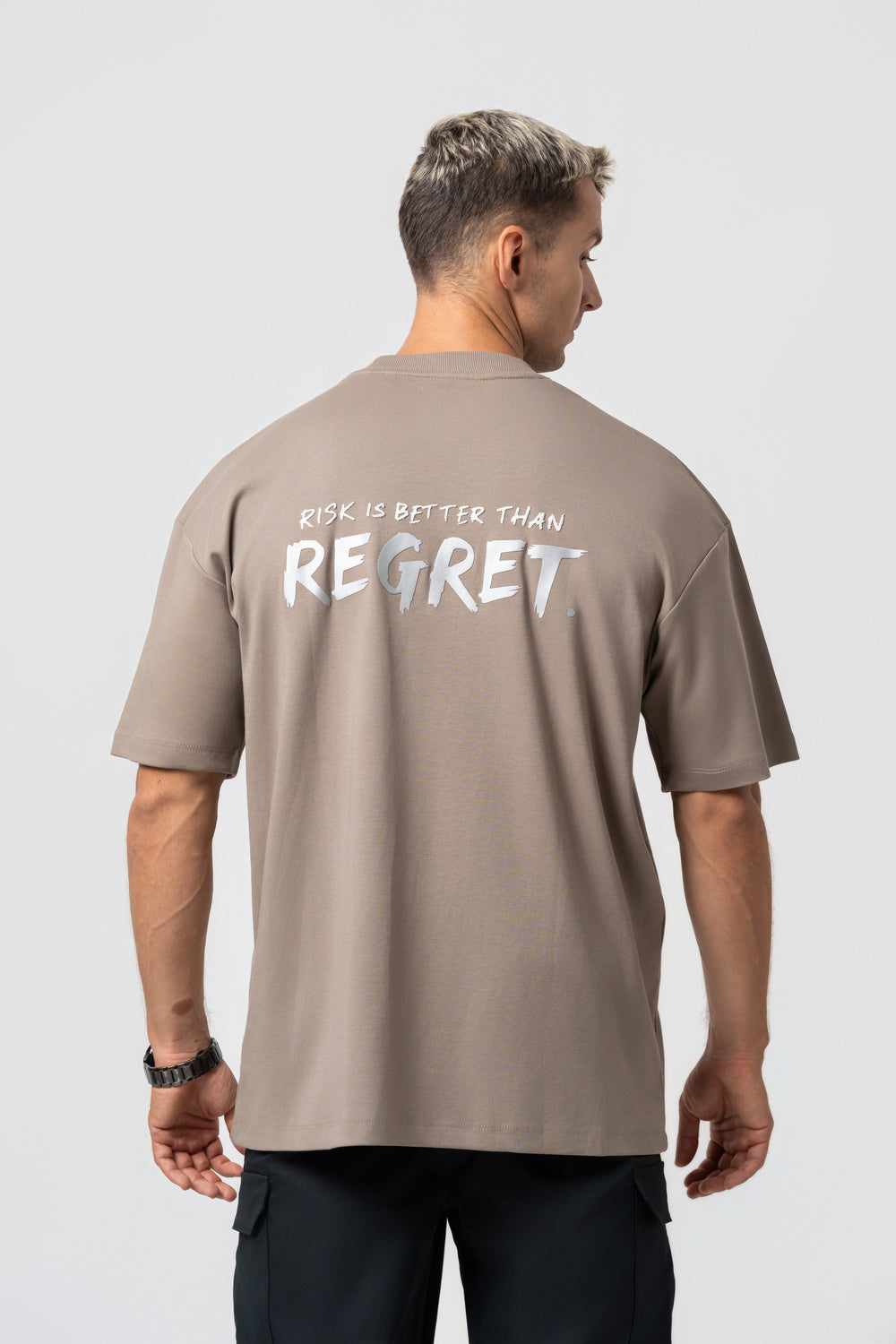 Oversize Backprint Interlock Tee - RISK IS BETTER THAN REGRET (DEEP BEIGE)