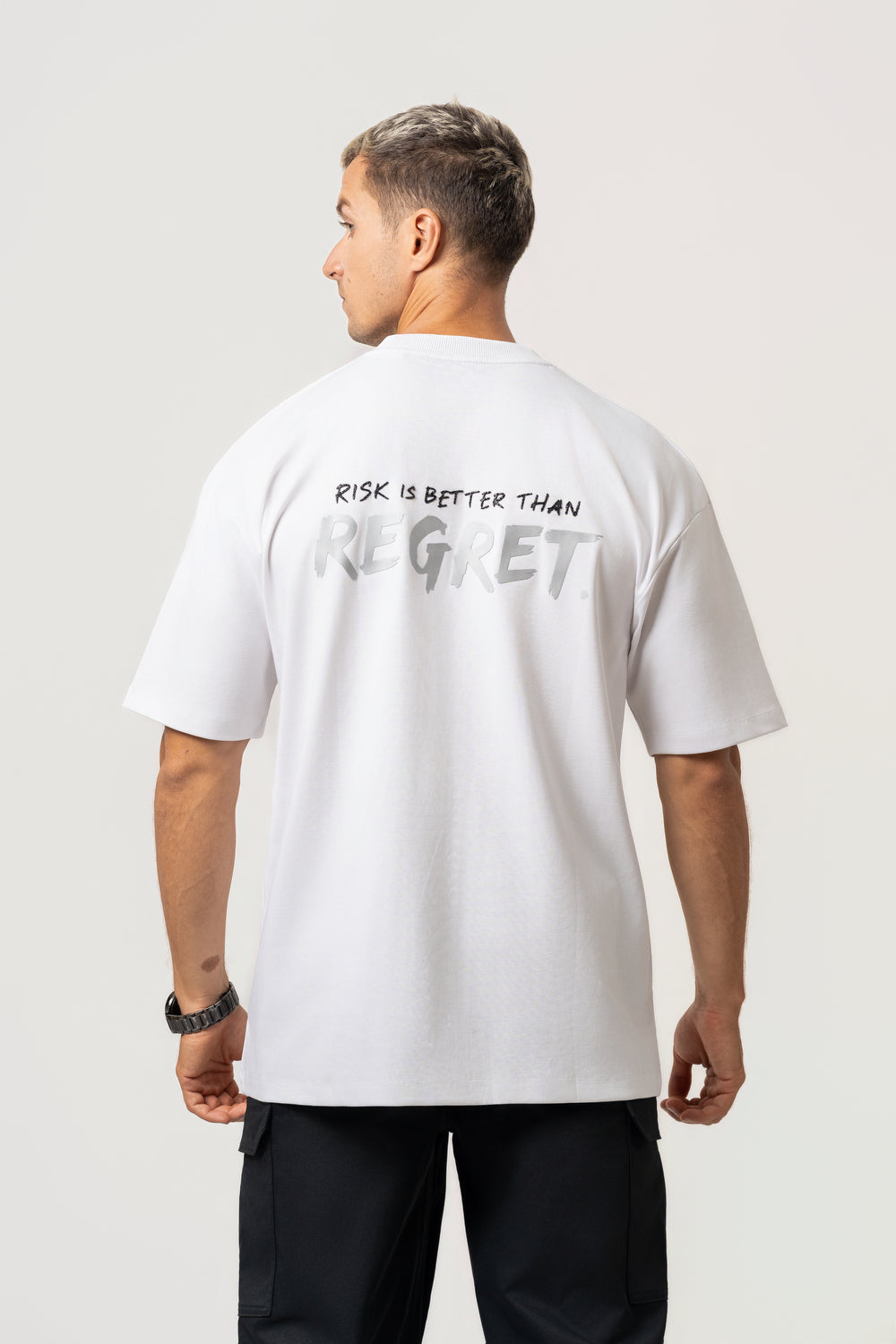 Oversize Backprint Interlock Tee - RISK IS BETTER THAN REGRET (WHITE)