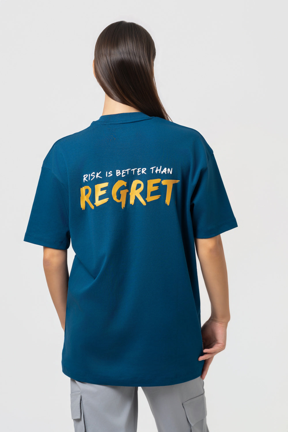 Oversize Backprint Interlock Tee - RISK IS BETTER THAN REGRET (PETROL)