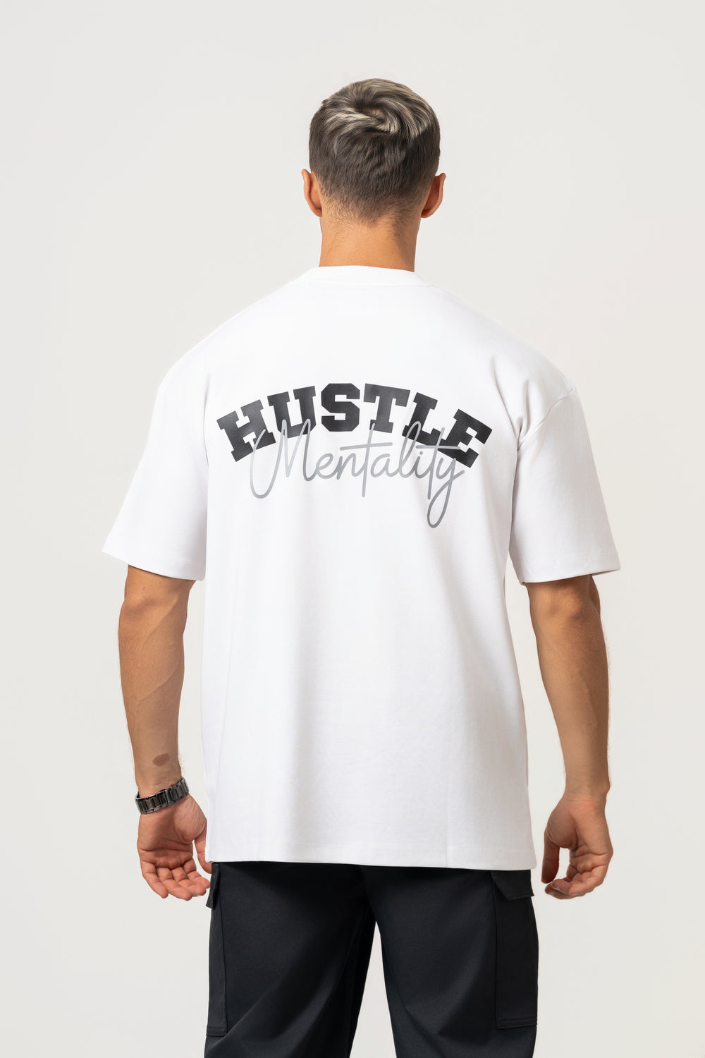 Oversize Bakcprint Interlock Tee - HUSTLE MENTALITY (WHITE)