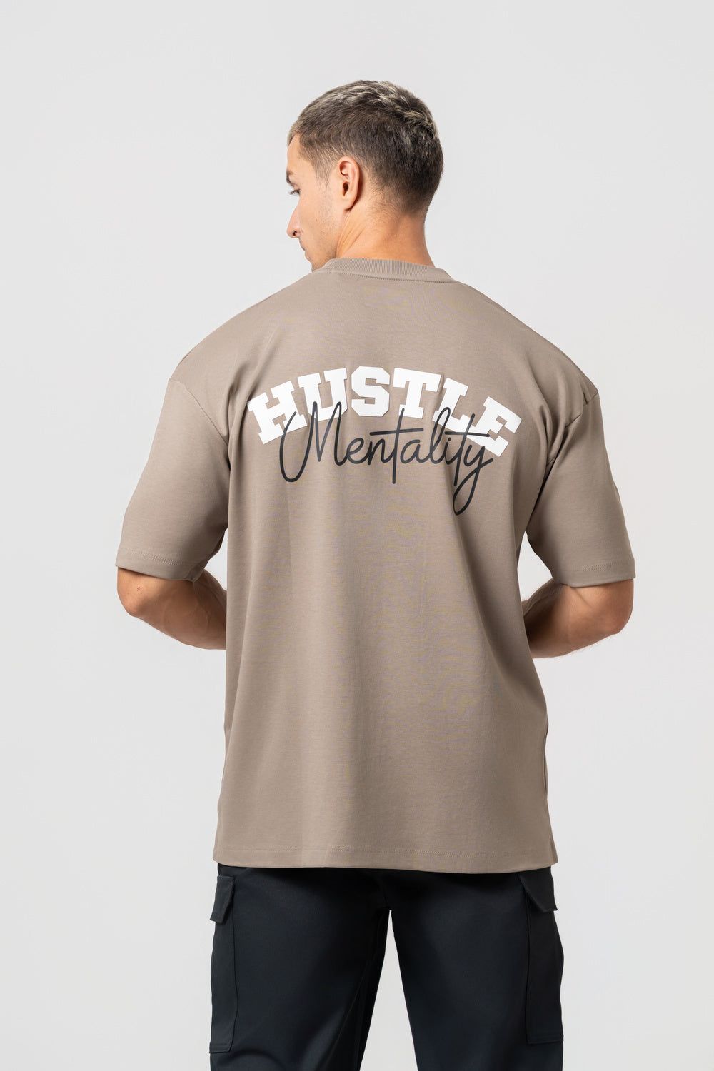 Oversize Bakcprint Interlock Tee - HUSTLE MENTALITY (DEEP BEIGE)