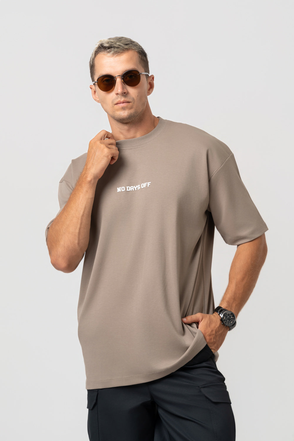 Oversize Bakcprint Interlock Tee - HUSTLE MENTALITY (DEEP BEIGE)